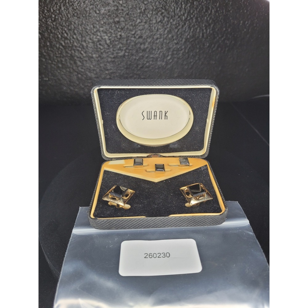 Swank Cufflinks Shirt Stud Set Gold Tone Black Square 5 Piece Boxed